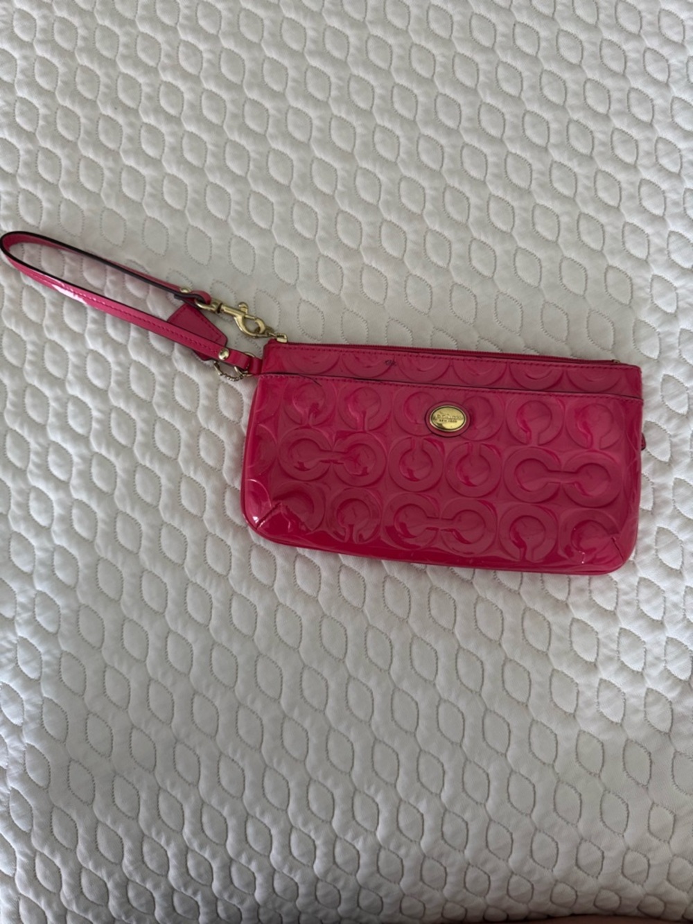 Coach Hot Pink Patent Leather Wristlet with Signature Emboss